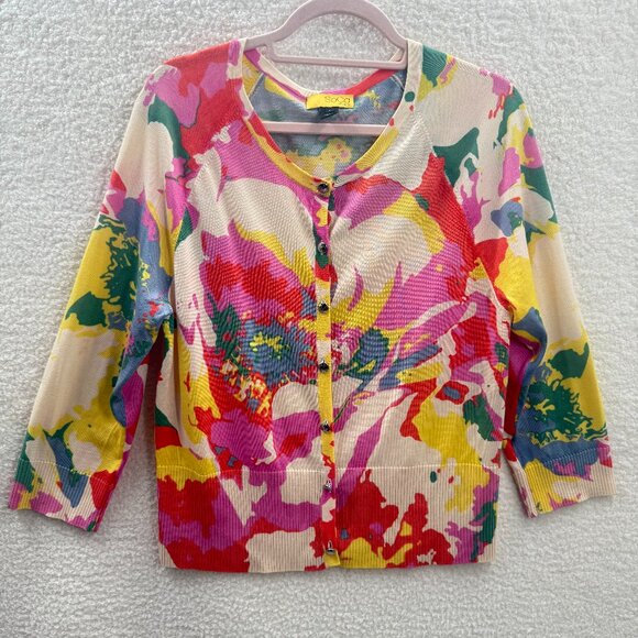 St. John SoCa Wool,Silk and Cashmere blend multi color Pattern Soft Cardigan L - Picture 1 of 12